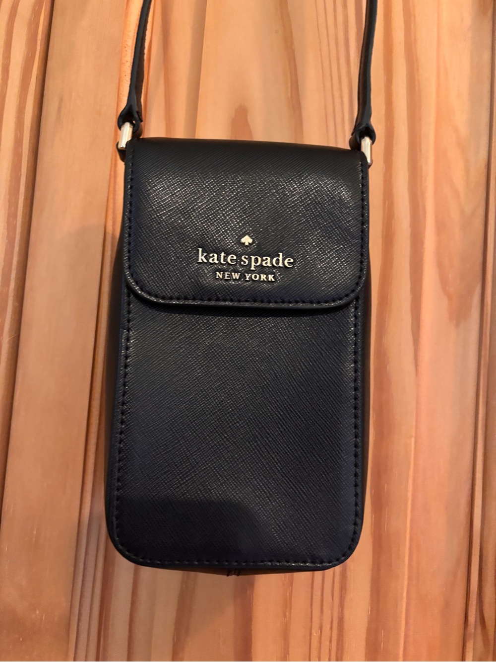 kate spade Black Saffiano Leather Crossbody Phone Pouch with Gold Logo